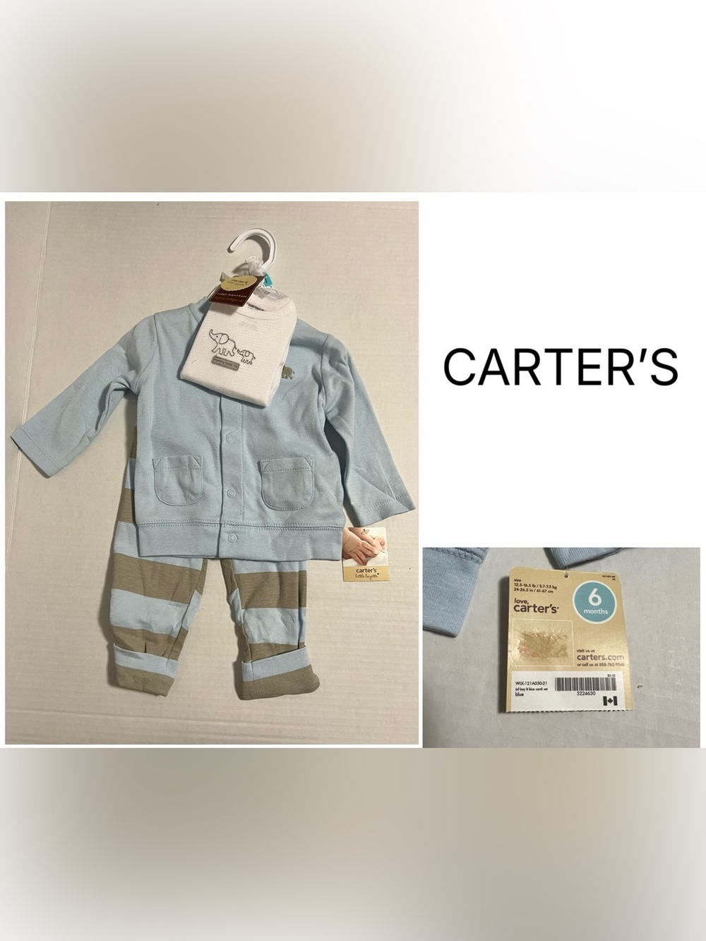 CARTER’S - 6M - NWT - INFANT BOYS 3PC BLUE ELEPHANT CARDIGAN SET